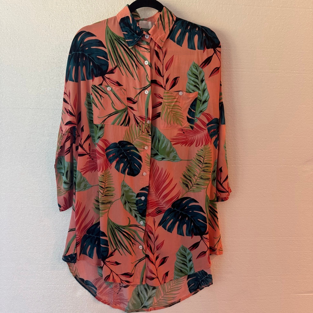 ZOYE CHEN Coral Green Tropical Leaf Button Down Shirt L